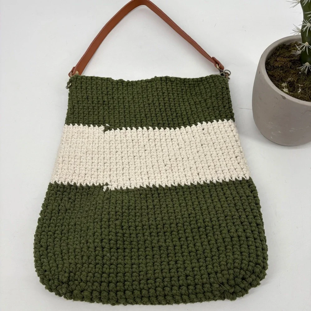 Handmade Crochet Knit Bumble Bee Lined Boho Shoulder Bag Green Cream Tote
